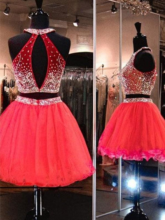 Bridelily A-Line Sleeveless Halter Tulle With Beading Short/Mini Two Piece Prom Dresses - Prom Dresses