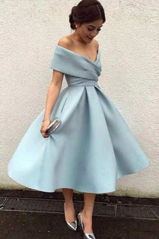 Bridelily A-Line Sleeveless Off-the-Shoulder Satin With Ruffles Tea-Length Dresses - Prom Dresses