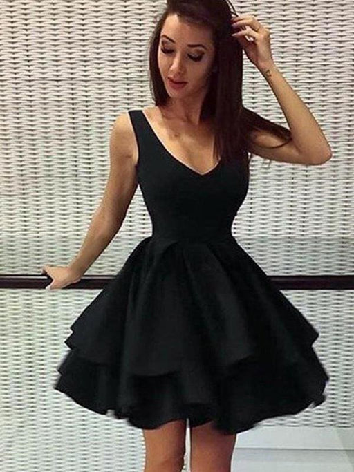 Bridelily A-Line Sleeveless Straps Satin With Layers Short/Mini Prom Dresses - Prom Dresses