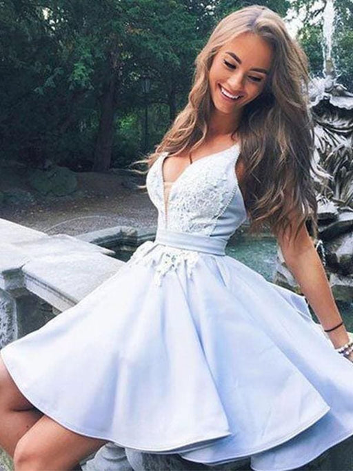 Bridelily A-Line Sleeveless V-neck Satin With Applique Short/Mini Dresses - Prom Dresses