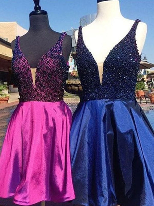 Bridelily A-Line Sleeveless V-neck Satin With Beading Short/Mini Dresses - Prom Dresses
