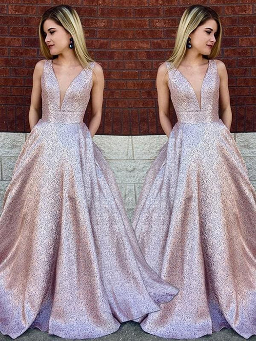 Bridelily A-Line Sleeveless V-Neck Sweep/Brush Train Sequins Dresses - Prom Dresses