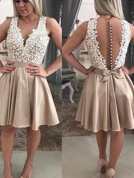 Bridelily A-Line Sleeveless With Beading V-neck Satin Short/Mini Dresses - Prom Dresses