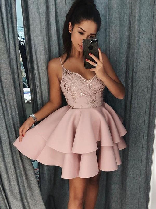 Bridelily A-Line Spaghetti Straps Satin Sleeveless Short/Mini Dresses - Prom Dresses