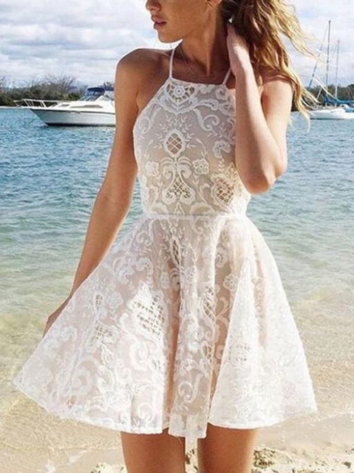 Bridelily A-Line Spandex Halter Sleeveless Short/Mini With Lace Dresses - Prom Dresses