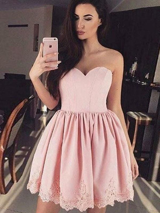 Bridelily A-Line Sweetheart Lace Satin Short/Mini Dresses - Prom Dresses