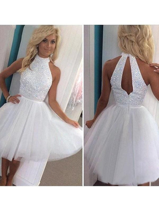 Bridelily A-Line Tulle Halter Sleeveless Short/Mini With Beading Dresses - Prom Dresses