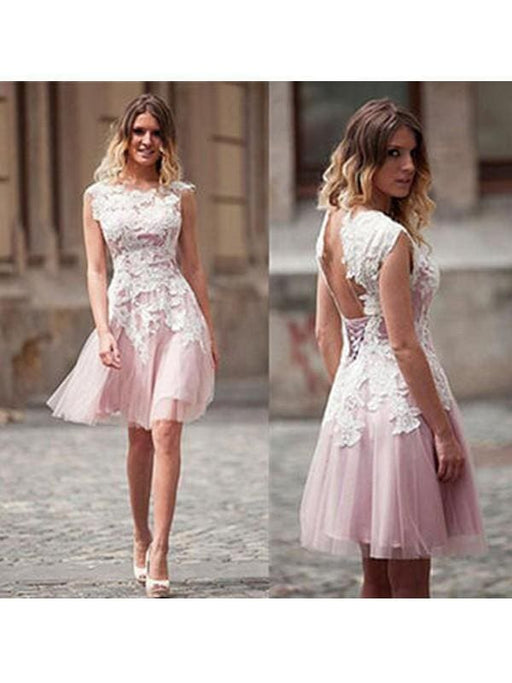 Bridelily A-Line Tulle Scoop Sleeveless Short/Mini Applique Prom Dresses - Prom Dresses
