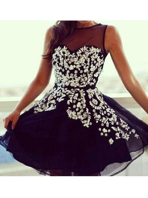 Bridelily A-Line Tulle Scoop Sleeveless Short/Mini With Applique Dresses - Prom Dresses