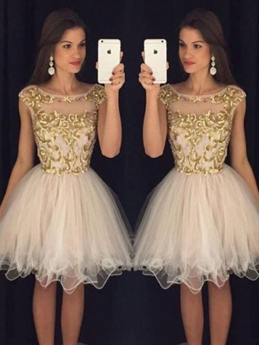 Bridelily A-Line Tulle Scoop Sleeveless Short/Mini With Paillette Dresses - Prom Dresses