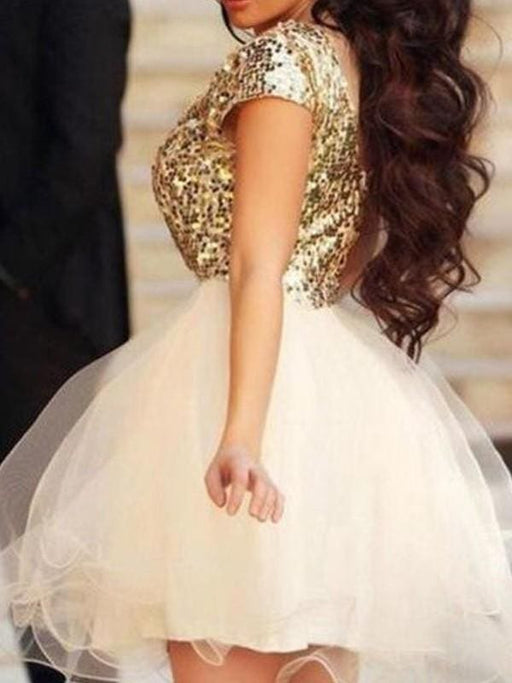 Bridelily A-Line Tulle Scoop Sleeveless Short/Mini With Sequin Dresses - Prom Dresses