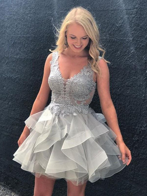 Bridelily A-Line Tulle V-neck Sleeveless Short/Mini With Applique Dresses - Prom Dresses