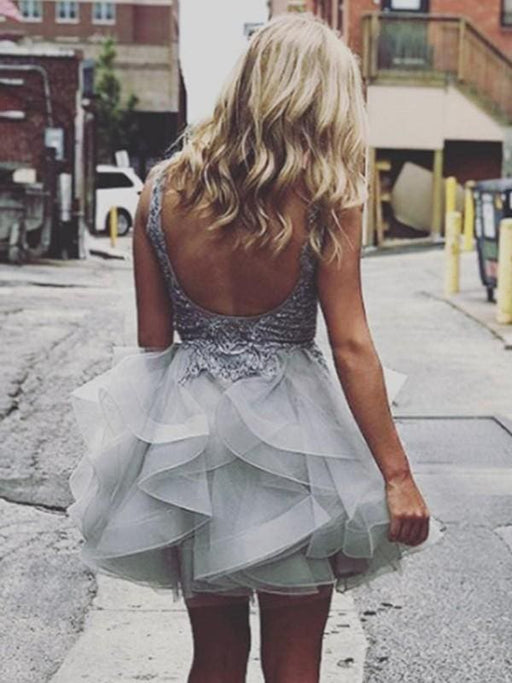 Bridelily A-Line Tulle V-neck Sleeveless Short/Mini With Applique Dresses - Prom Dresses
