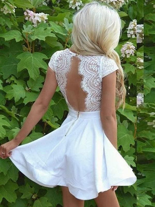 Bridelily A-Line V-neck Lace Satin Short Sleeves Short/Mini Dresses - Prom Dresses