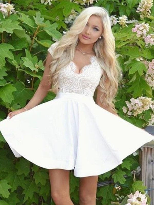 Bridelily A-Line V-neck Lace Satin Short Sleeves Short/Mini Dresses - Prom Dresses