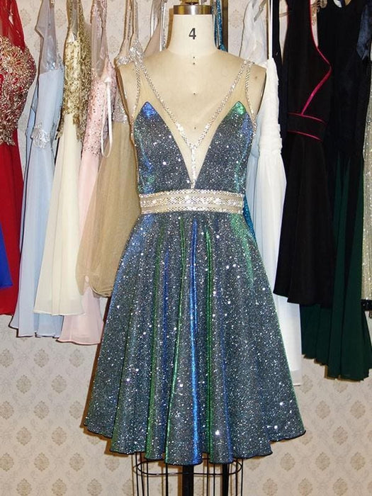 Bridelily A-Line V-neck Sequins With Beading Sleeveless Short/Mini Dresses - Prom Dresses