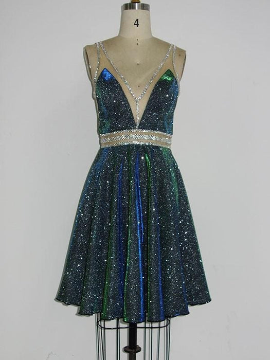 Bridelily A-Line V-neck Sequins With Beading Sleeveless Short/Mini Dresses - Prom Dresses