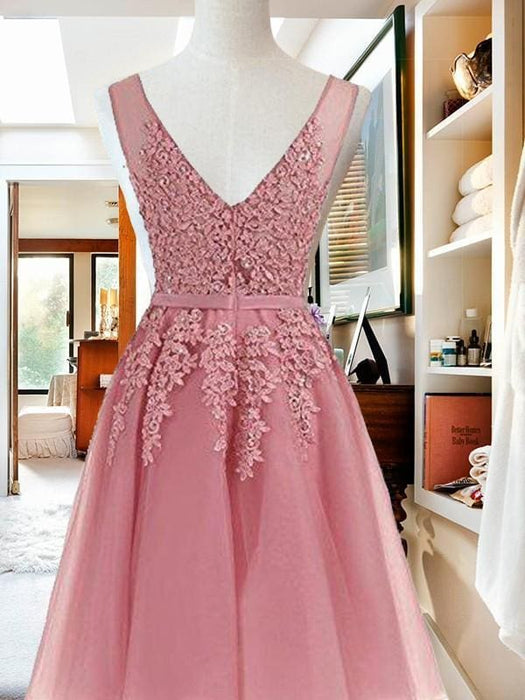 Bridelily A-Line V-neck Sleeveless Short/Mini With Applique Tulle Dresses - Prom Dresses