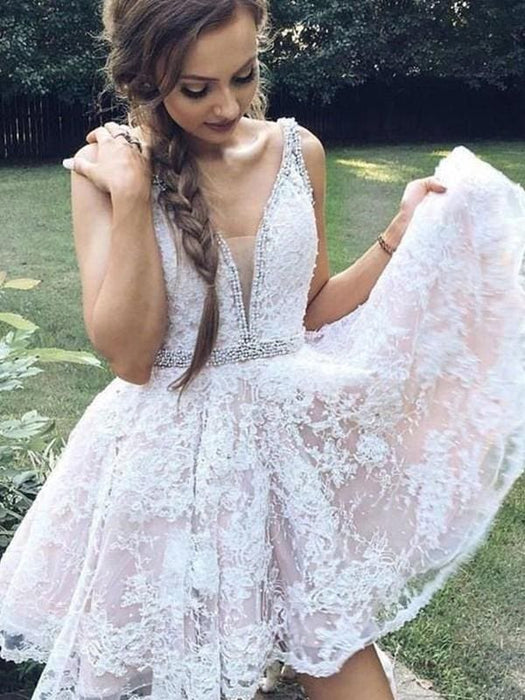 Bridelily A-Line V-neck Sleeveless Tulle With Applique Short/Mini Dresses - Prom Dresses