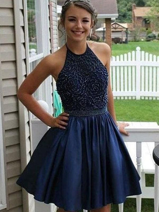 Bridelily A-Line With Beading Satin Halter Sleeveless Short/Mini Dresses - Prom Dresses