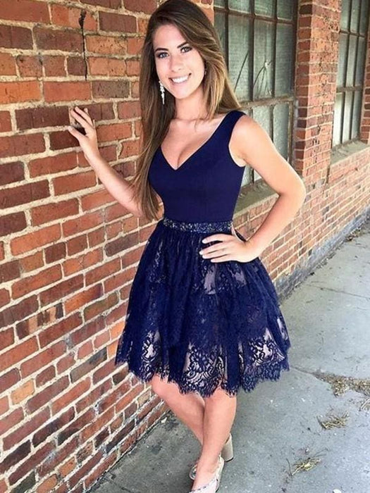 Bridelily A-Line With Beading V-neck Lace Sleeveless Short/Mini Dresses - Prom Dresses