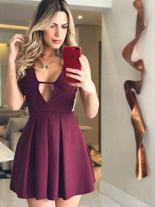 Bridelily A-Line With Ruched V-neck Sleeveless Satin Short/Mini Dresses - Prom Dresses
