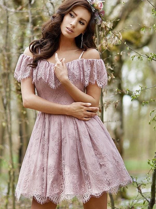 Bridelily A-Line With Ruffles Lace Off-the-Shoulder Sleeveless Short/Mini Dresses - Prom Dresses