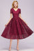 Bridelily Burgundy Short Sleeves Flower Lace V-neck Dresses with Sash - lace dresses