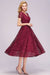 Bridelily Burgundy Short Sleeves Flower Lace V-neck Dresses with Sash - lace dresses