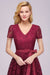 Bridelily Burgundy Short Sleeves Flower Lace V-neck Dresses with Sash - lace dresses