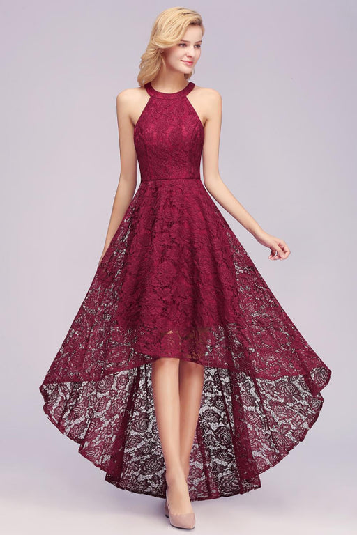 Bridelily Halter Sheath Asymmetrical Burgundy Lace Dresses - Burgundy / S - lace dresses