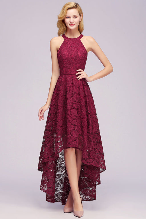 Bridelily Halter Sheath Asymmetrical Burgundy Lace Dresses - lace dresses