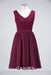 Bridelily Elegant Lace V-Neck Short Burgundy Chiffon Bridesmaid Dress with Ruffle