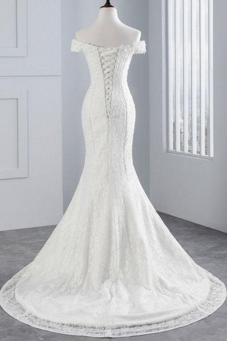 Bridelily Off Shoulder Lace-up Mermaid Lace Wedding Dress - wedding dresses