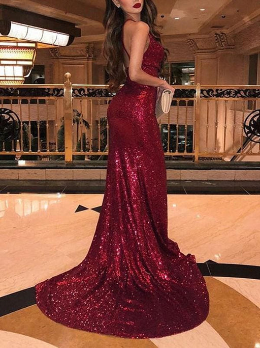 Bridelily Sleeveless V-Neck Sweep/Brush Train With Ruffles Sequins Dresses - Prom Dresses