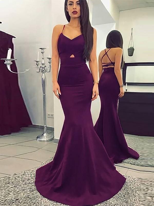 A| Bridelily Spaghetti Strap Ruched Sweep/Brush Train Satin Dresses - Prom Dresses