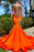 Bright Orange V Neck Sleeveless Mermaid Prom Dress with Appliques