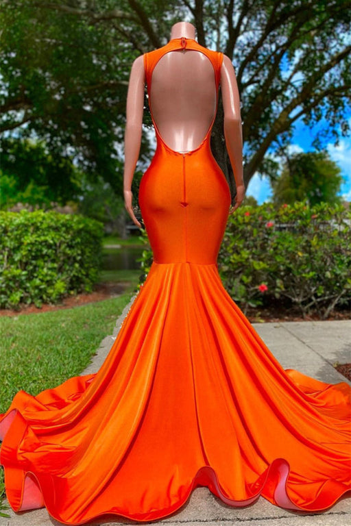 Bright Orange V Neck Sleeveless Mermaid Prom Dress with Appliques