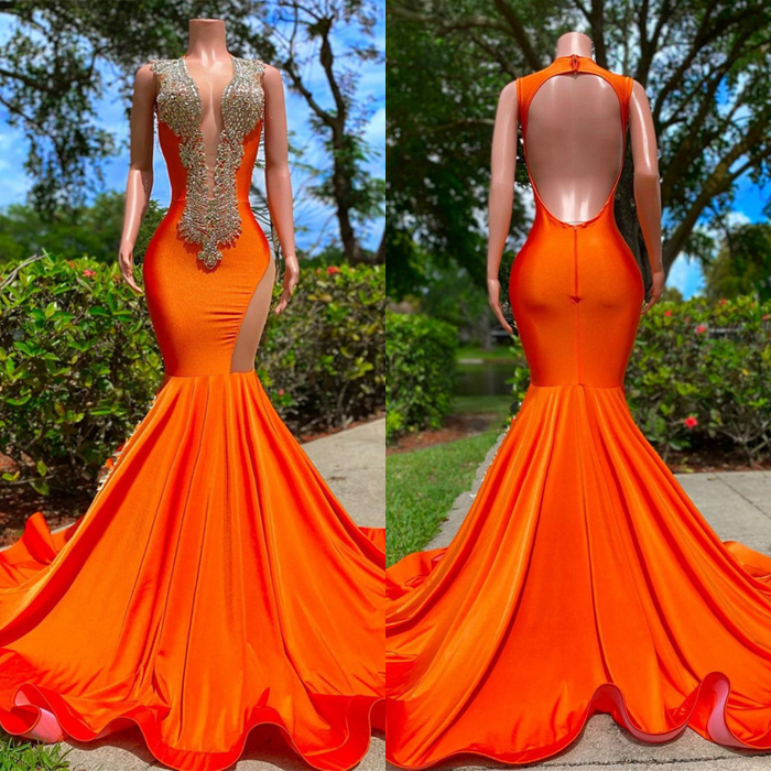 Bright Orange V Neck Sleeveless Mermaid Prom Dress with Appliques