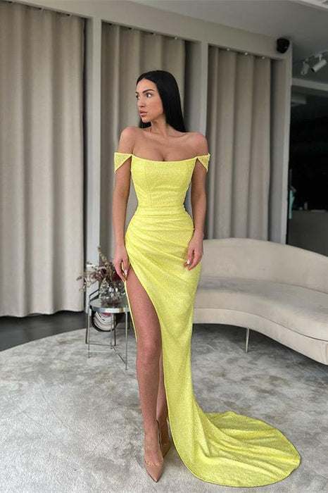 Bright Yellow Off-The-Shoulder Mermaid Prom Dress with Split