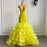 Bright Yellow V-Neck Halter Lace Mermaid Prom Dress with Ruffle