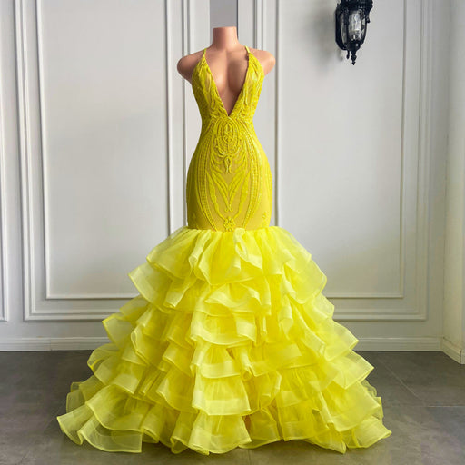 Bright Yellow V-Neck Halter Lace Mermaid Prom Dress with Ruffle