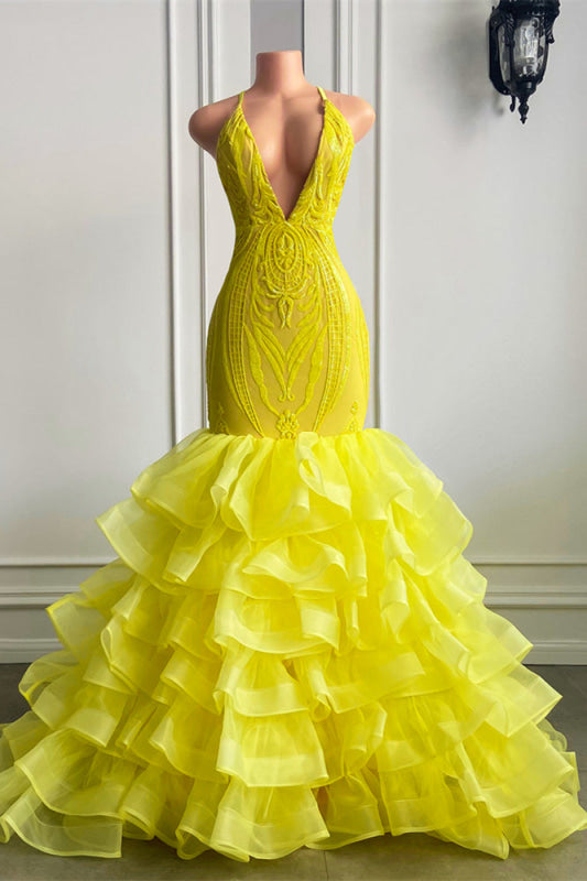 Bright Yellow V-Neck Halter Lace Mermaid Prom Dress with Ruffle