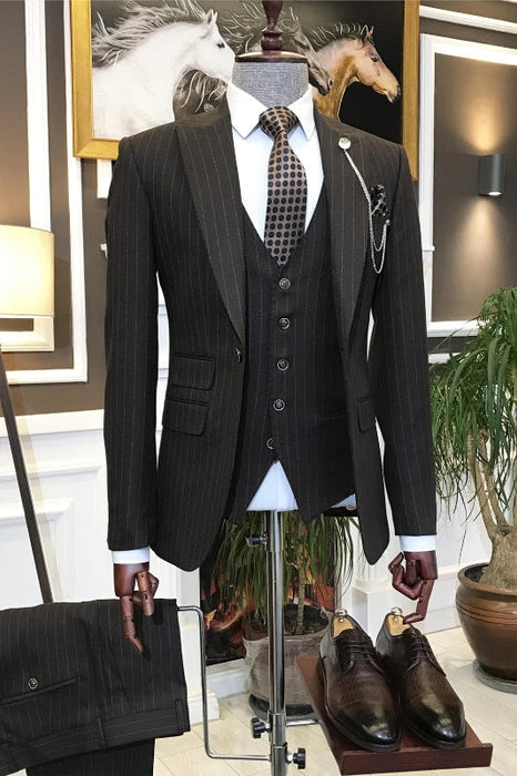 Benson Bespoke Brown Peaked Lapel Three Pieces Striped Business Men Suits