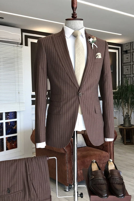 Herman Formal Brown Peaked Lapel Two Pieces Striped Business Suits