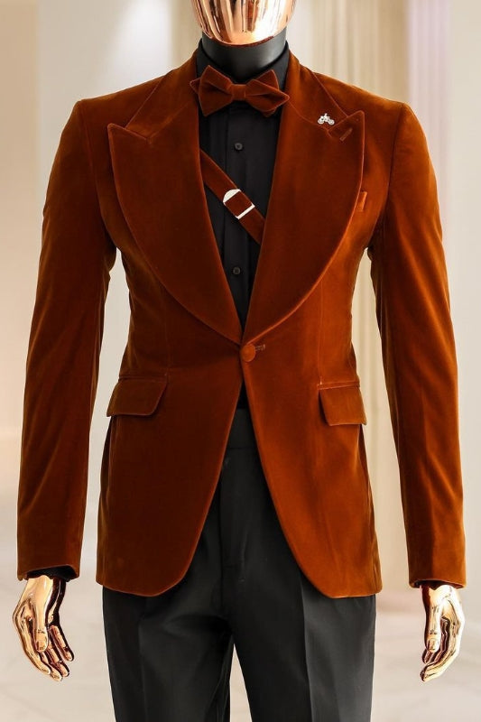 Barry Bespoke Brown Peaked Lapel Two Pieces Velvet Prom Suits