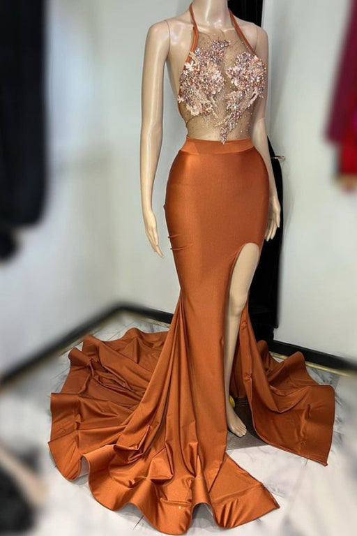 Brown Sleeveless Halter Long Prom Dress with Appliques and High Slit