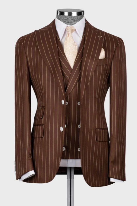 Ernest Brown Striped Peaked Lapel Three Pieces Business Men Suits