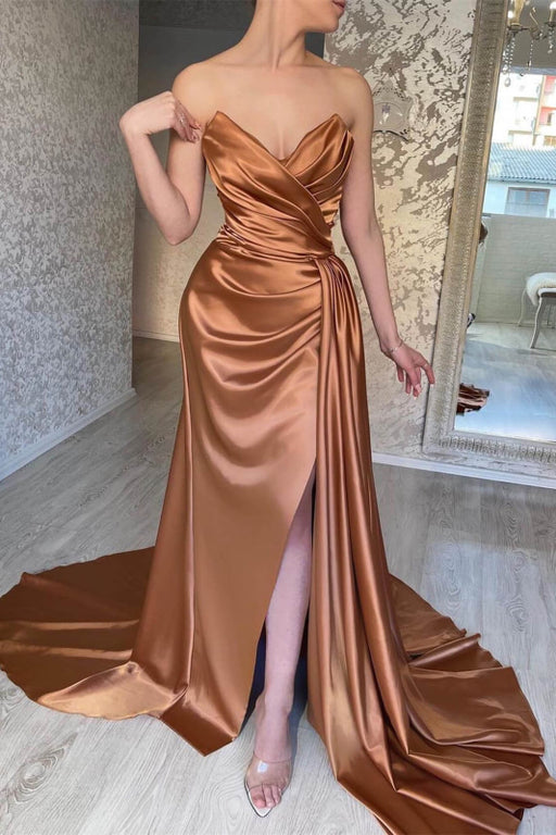 Brown Sweetheart Sleeveless Mermaid Prom Dress with Split and Ruffles