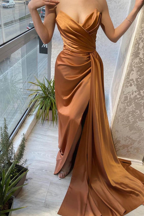 Brown Sweetheart Sleeveless Mermaid Prom Dress with Split and Ruffles